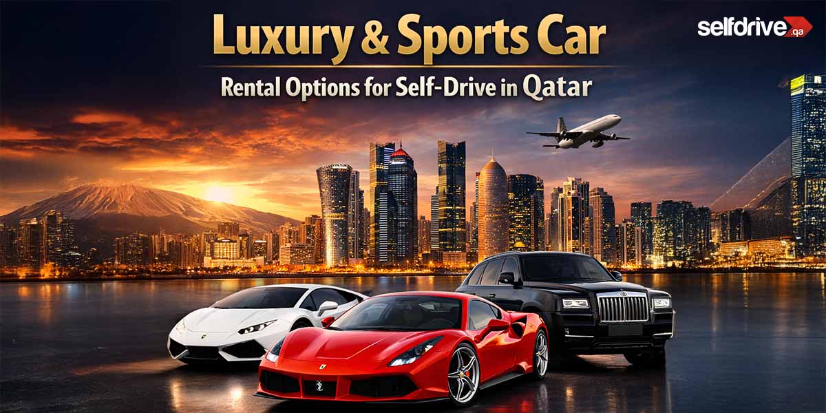 Advertisement for luxury and sports car rentals in Qatar. Features a red sports car, white sports car, and black luxury SUV set against a city skyline at dusk with a plane flying overhead, conveying elegance and high-end travel.