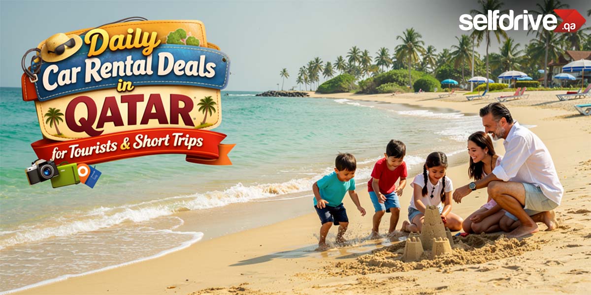 Family builds sandcastles on a sunny beach with palm trees and turquoise water. Advertisement for Qatar car rental deals is in the top left corner.