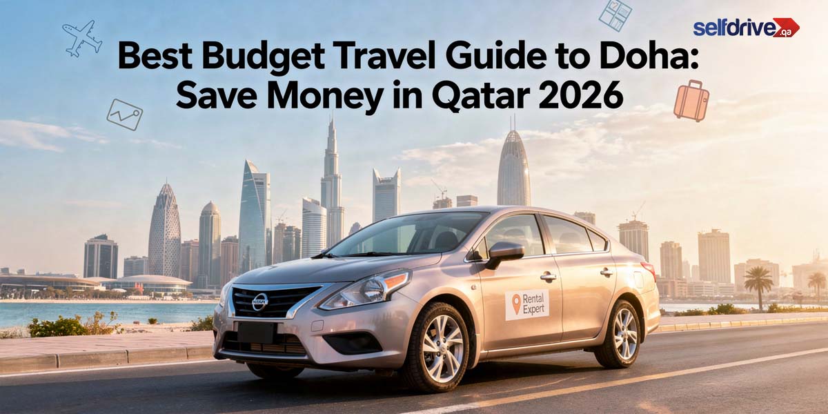 Silver rental car on a road with Doha skyline in the background, featuring tall skyscrapers. Text overlay reads 'Best Budget Travel Guide to Doha: Save Money in Qatar 2026.' Bright and optimistic tone.