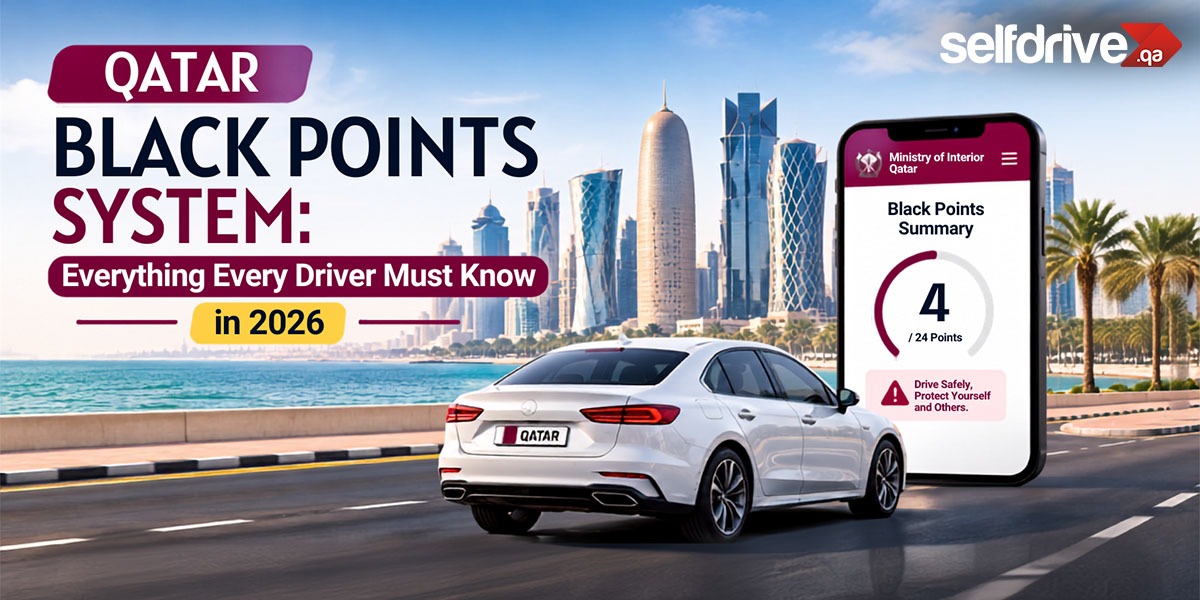 Infographic about Qatar's Black Points System for 2026, explaining what every driver must know. Features Doha's skyline, a white sedan driving along the Corniche, and a smartphone displaying a Ministry of Interior Qatar 'Black Points Summary' with 4 out of 24 points. SelfDrive.qa branding appears in the top-right corner.