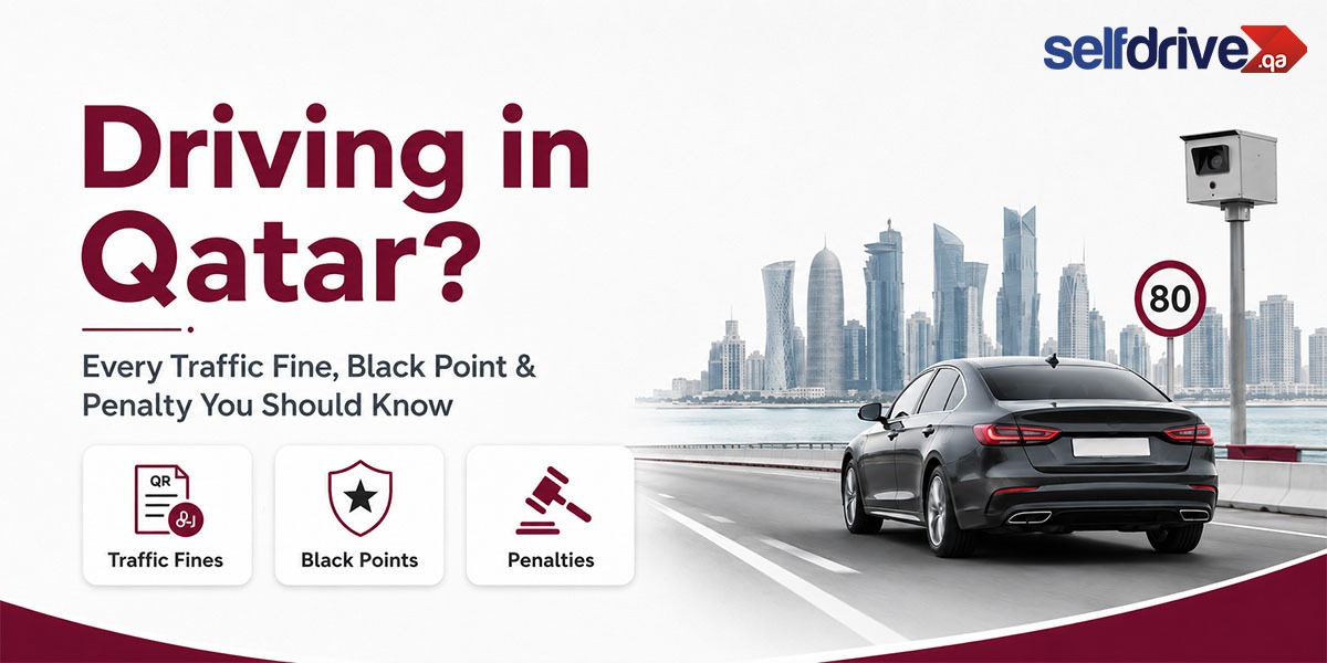 Driving in Qatar? Traffic Violation Qatar Guide 2026 featuring traffic fines, black points, penalties, speed camera, speed limit sign, sedan car, and Doha skyline.